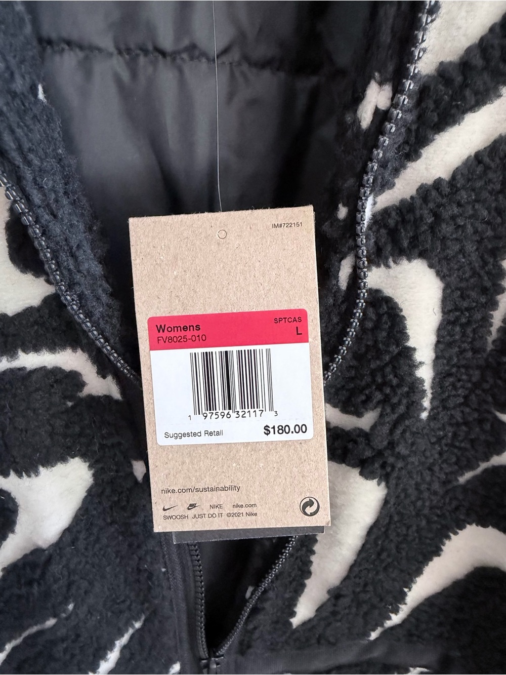 NIKE Women’s Loose High-Pile Black White Swoosh Jacket - Picture 10 of 10